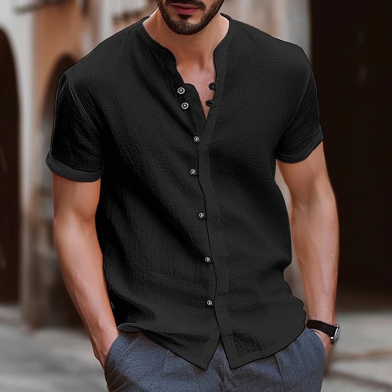 Cross-border Amazon eBay hot selling Hawaii new fashion men's retro button cotton and linen casual short-sleeved shirt - Image 3