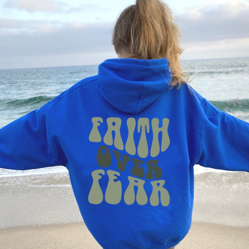 Foreign trade women's velvet sweatshirt plain letter print kangaroo pocket drawstring print hoodie - Image 3