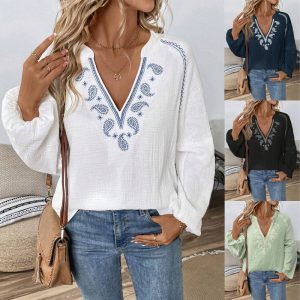 V-Neck Cotton Top with Embroidery