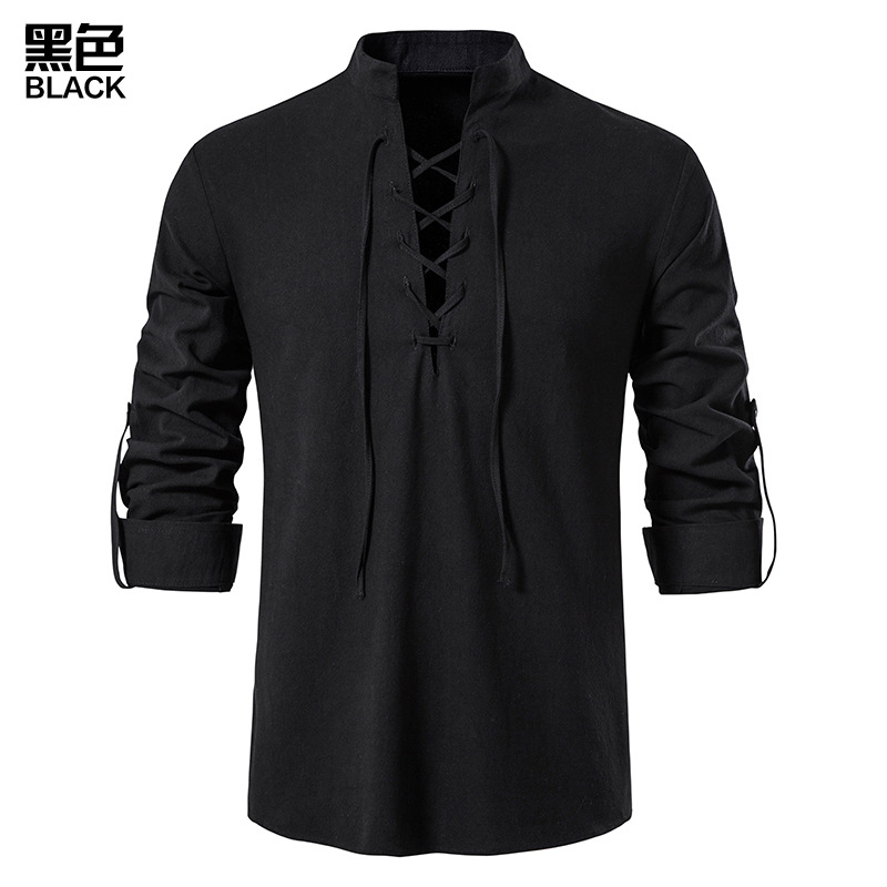 2023 Men's New Amazon Men's Cotton and Linen Henley Shirt Long Sleeve Hippie Casual Beach Stand Collar Shirt European Size - Image 6