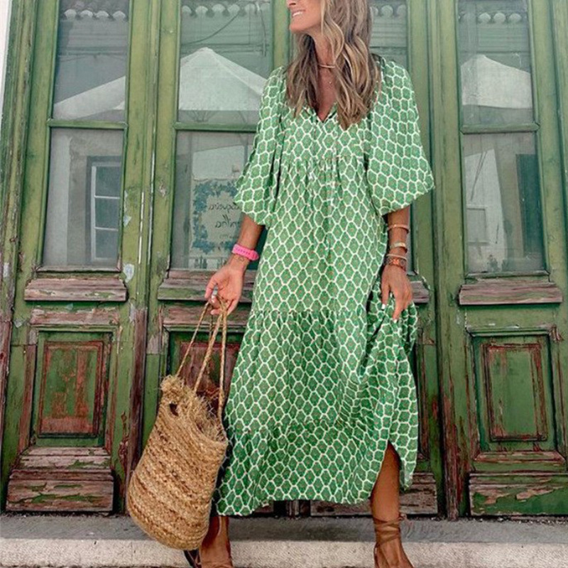 Cross-border European and American plus-size ladies loose-fitting Bohemian round-neck lantern-sleeve sweet girl dress - Image 12