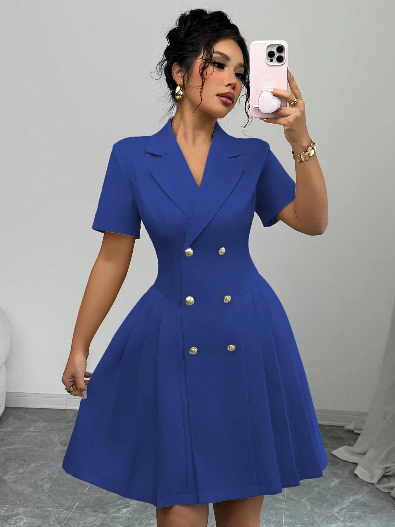 2025 Amazon AliExpress Summer New Solid Color Short-Sleeve Slim Waist Double-Breasted Dress for Women - Image 6