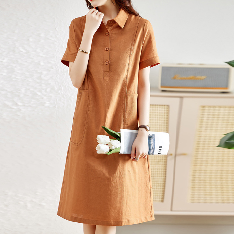 Women's summer cotton and linen dress, A-line, slimming, 2026 new casual straight high-end linen shirt dress for mothers. - Image 3