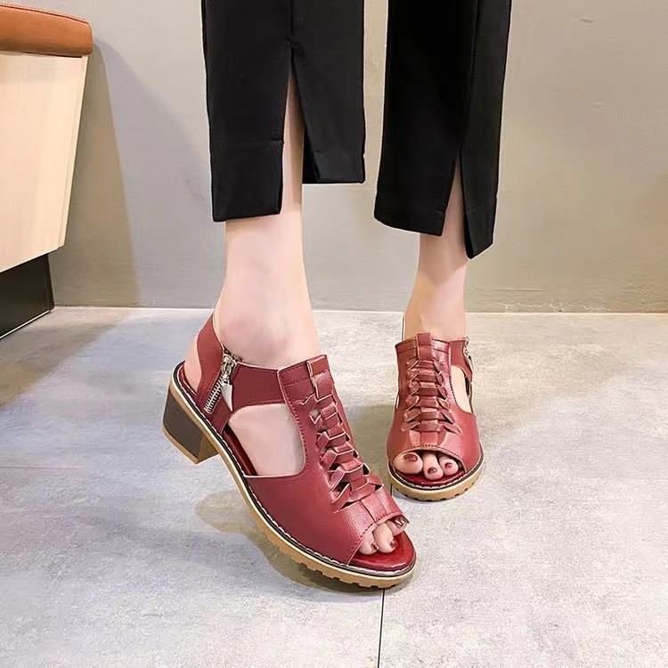 2024 summer new women's shoes Korean style thick heel sandals side zipper casual wedge heel solid color thick heel large size sandals for women - Image 2