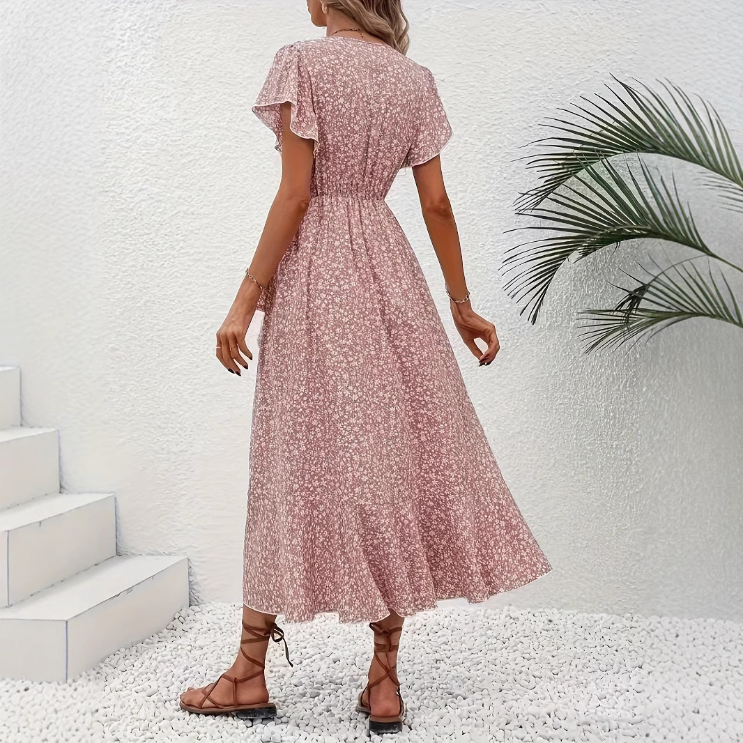Independent Amazon cross-border e-commerce platform, floral print V-neck cardigan with tie-up short sleeves, bohemian style, full skirt, vacation dress - Image 2