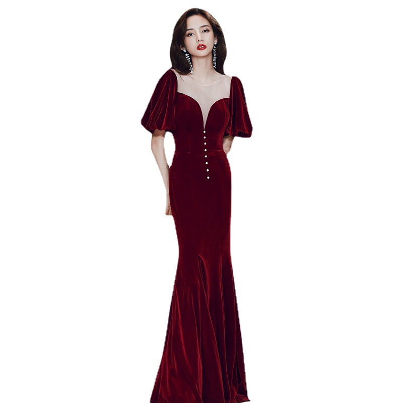 Evening dress skirt for women 2023 new style fishtail long banquet temperament burgundy velvet wedding toast dress bride - Image 11