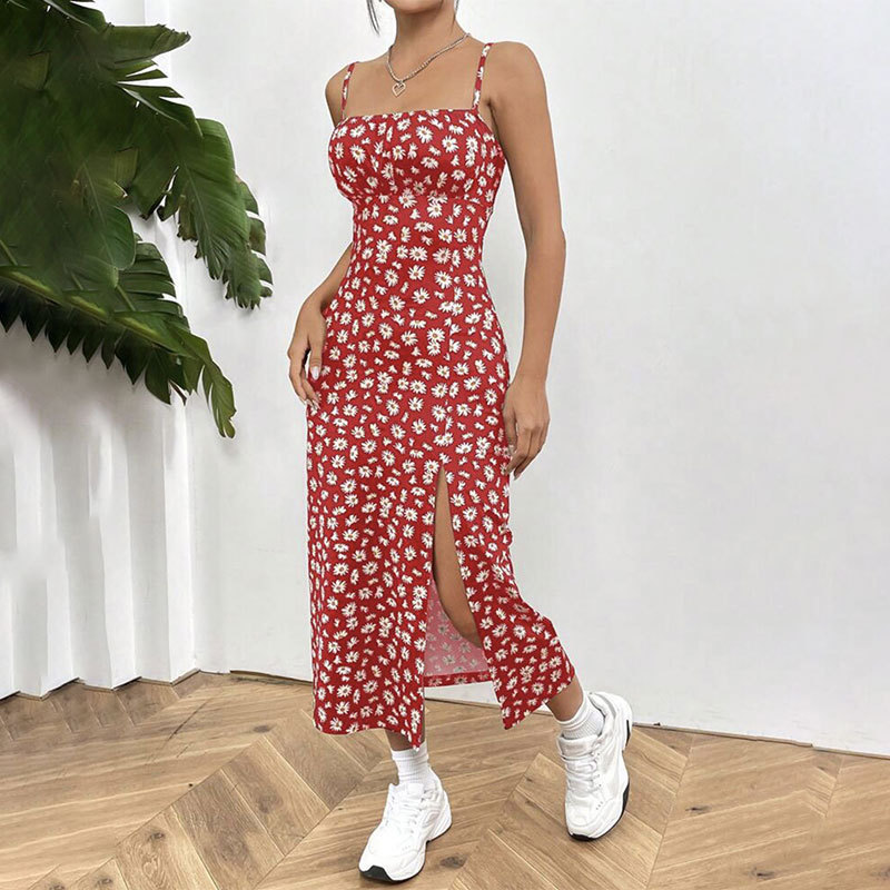 2025 New Foreign Trade Amazon Spring/Summer Camisole Strapless Slit Daisy Bodycon Print Midi Dress for Women - Image 24