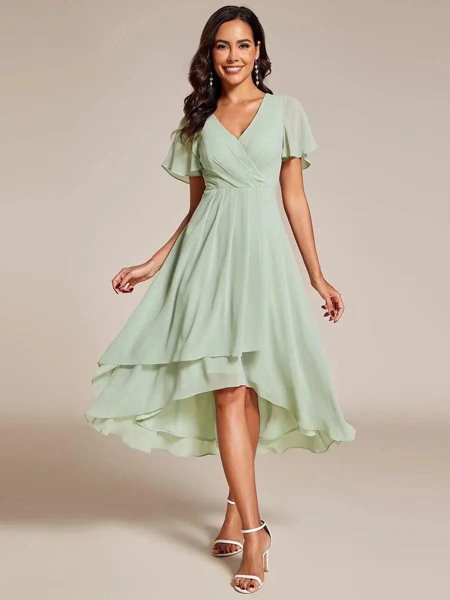 2025 Hot Selling New European and American Cross-border Summer Solid Color V-neck Ruffle Sleeve Chiffon Elegant Party Dress - Image 17