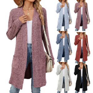 Amazon 2025 European and American Cross-border Foreign Trade Autumn and Winter Long Solid Color Long Sleeve Loose Pocket Cardigan Coat Women's Clothing
