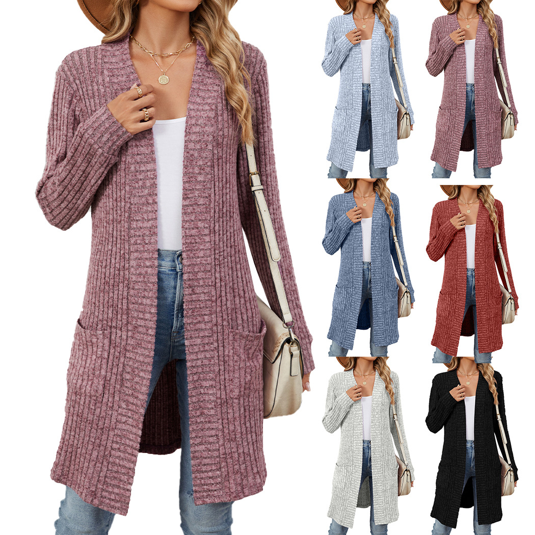 Amazon 2025 European and American Cross-border Foreign Trade Autumn and Winter Long Solid Color Long Sleeve Loose Pocket Cardigan Coat Women's Clothing