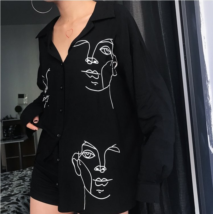 Amazon AliExpress printed cardigan long-sleeved shirt Harajuku style bf mid-length shirt - Image 5