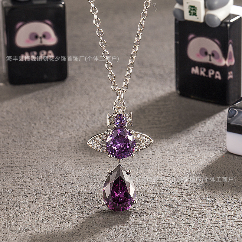 High-quality, thick gold-plated, Xijia Empress Dowager Saturn element mermaid tears multi-colored diamond teardrop long necklace for women. - Image 11