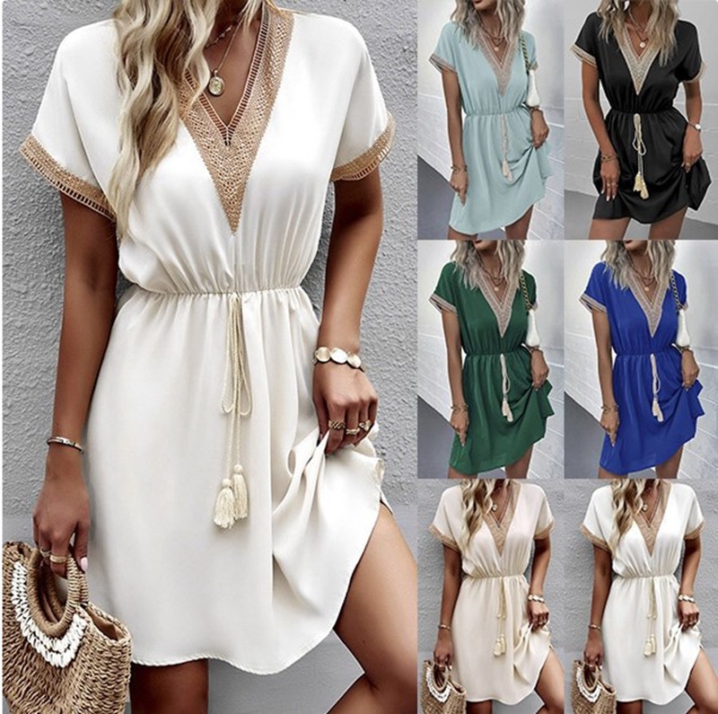 Amazon 2023 European and American cross-border foreign trade spring and summer solid color short-sleeved lace V-neck waist dress - Image 5