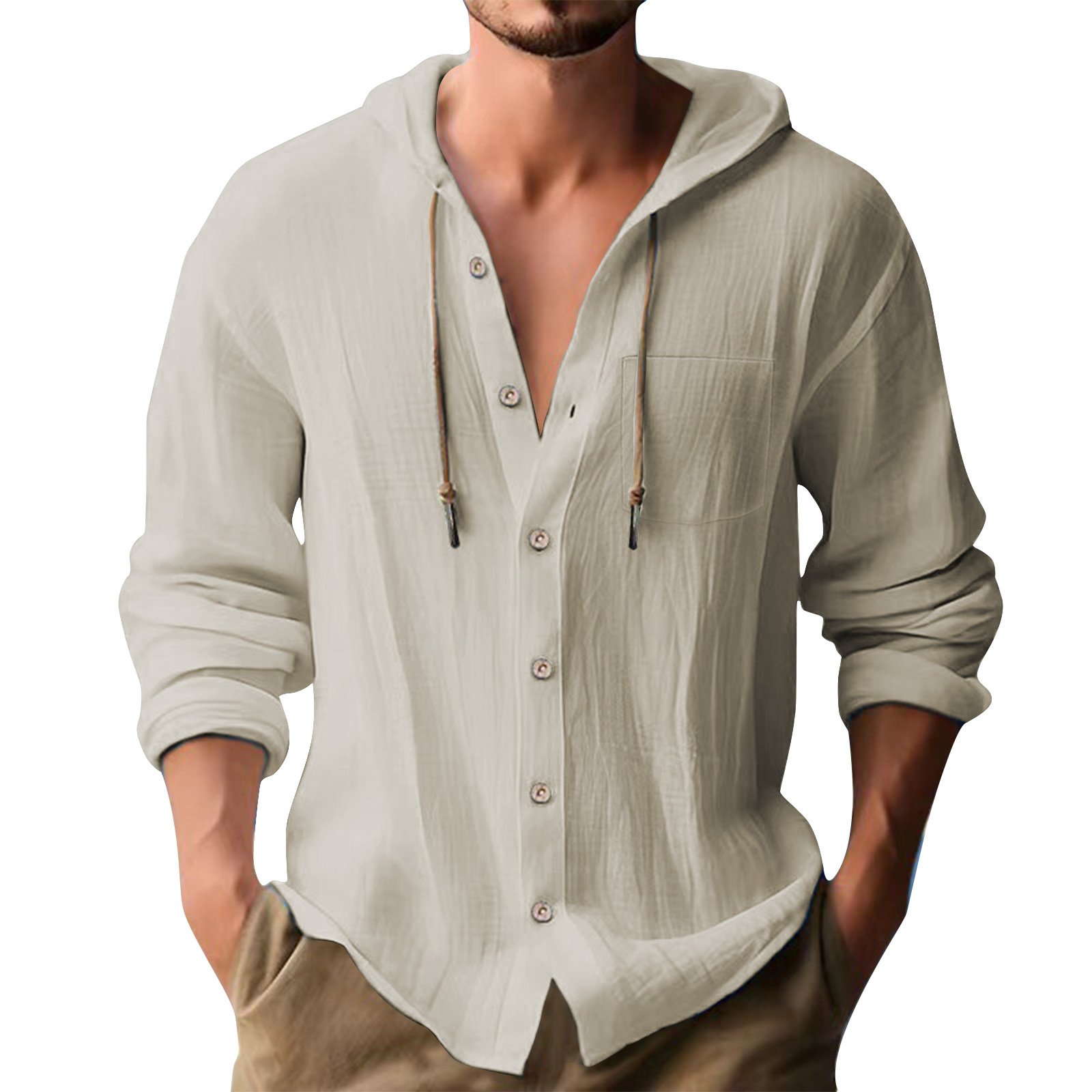 Cross-border European and American 2025 New Hot Selling Sports Trendy Hooded T-shirt Solid Color Cotton Linen Casual Long Sleeve Men's Shirt - Image 18