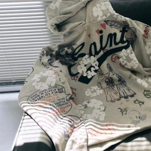 Saint Michael Hoodie Vintage Kanye Washed Distressed Hand-Painted Graffiti Hooded Sweatshirt for Men and Women