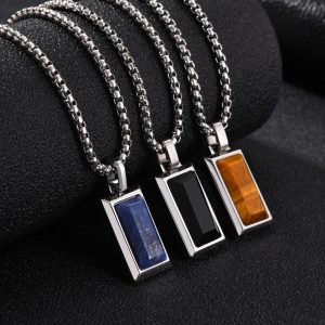 Niche high-end design stainless steel rectangular pendant with black agate natural stone, fashionable retro style, PN2379