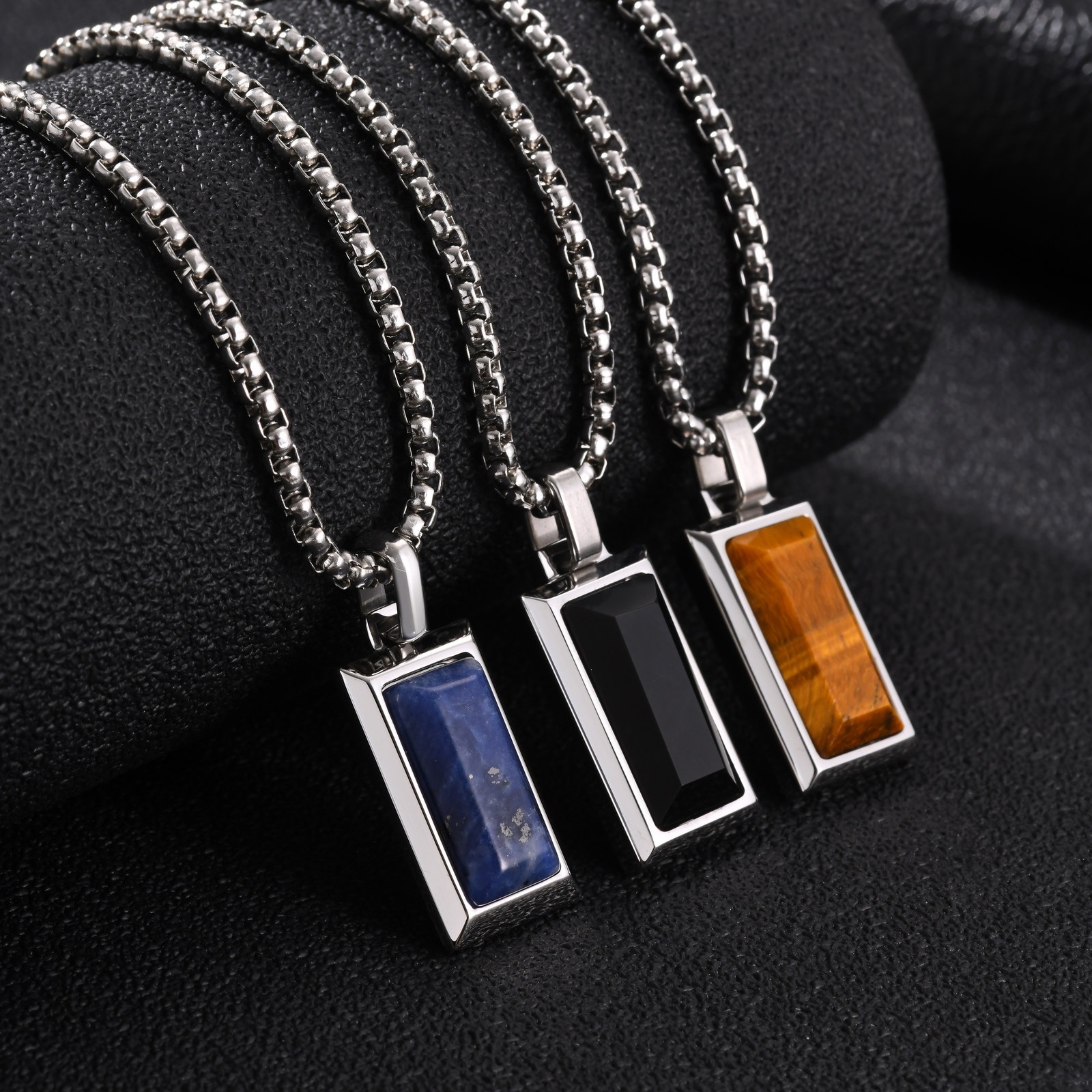 Niche high-end design stainless steel rectangular pendant with black agate natural stone, fashionable retro style, PN2379