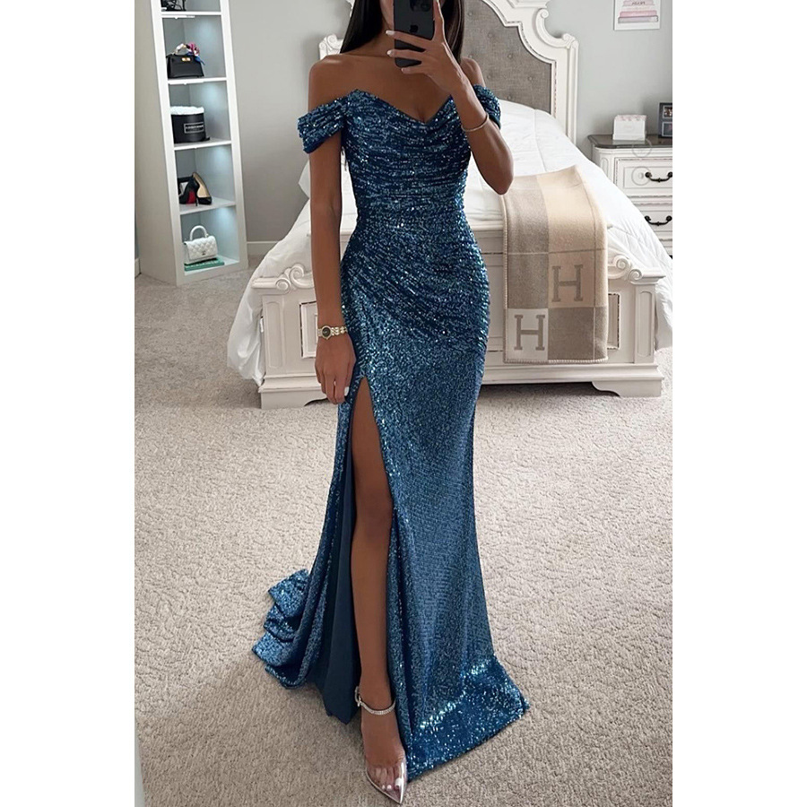 Cross-border 2025 European and American new style party sequined off-shoulder slit dress, INS casual fashion dress for women. - Image 11