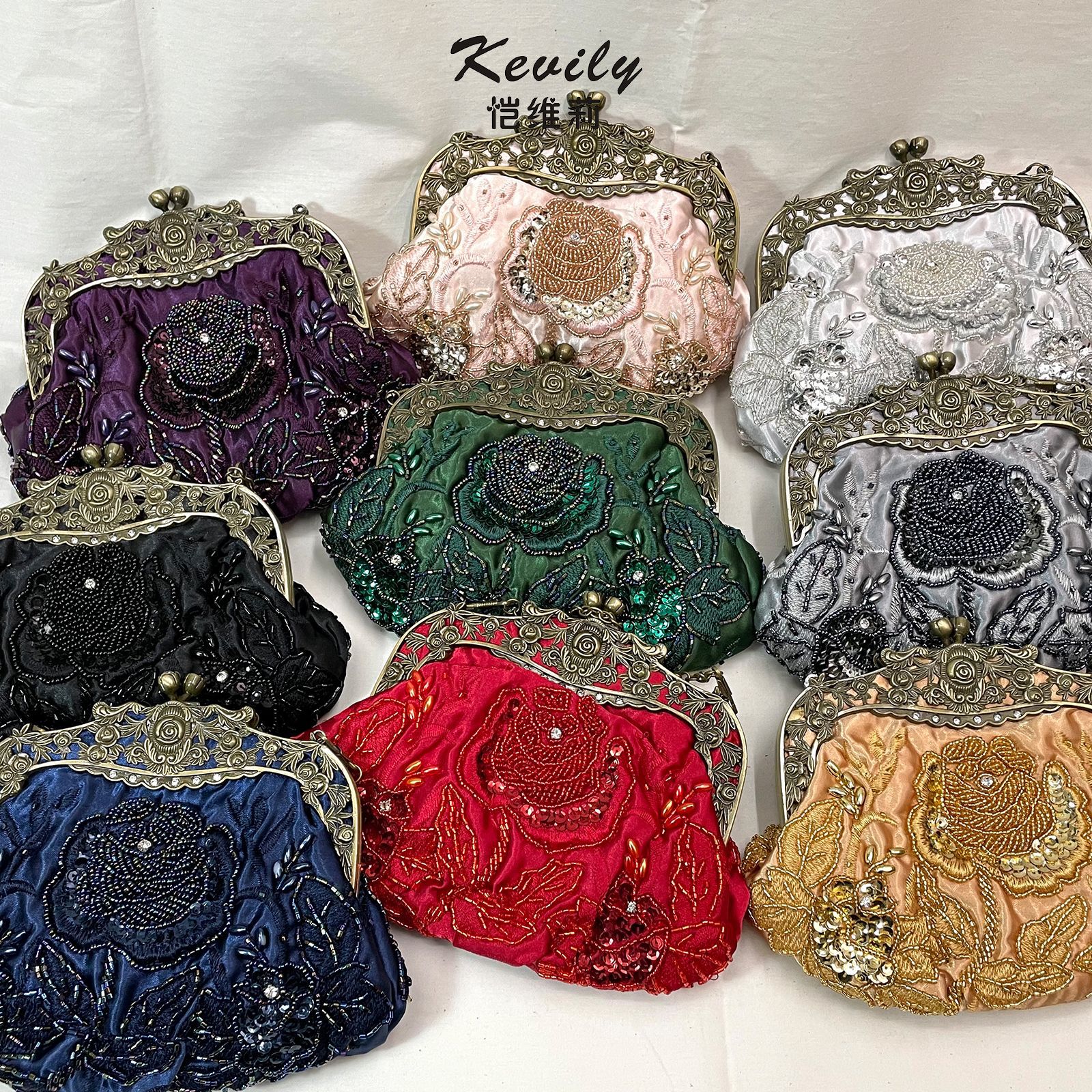 Kaiweili handmade beaded flower evening bag retro old Shanghai cheongsam bag Amazon hot style embroidered mouth gold bag - Image 2