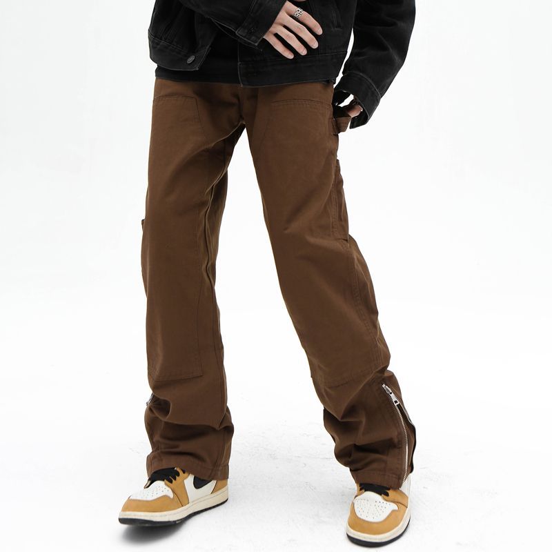 European and American high street brown micro flared zipper jeans men's winter American style trendy brand loose casual retro pants - Image 5