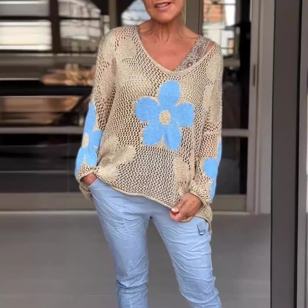 Spot 2024 Spring and Summer New Floral Knitted Hollow V-neck Shirt Flower Grid Knitted Sweater - Image 4