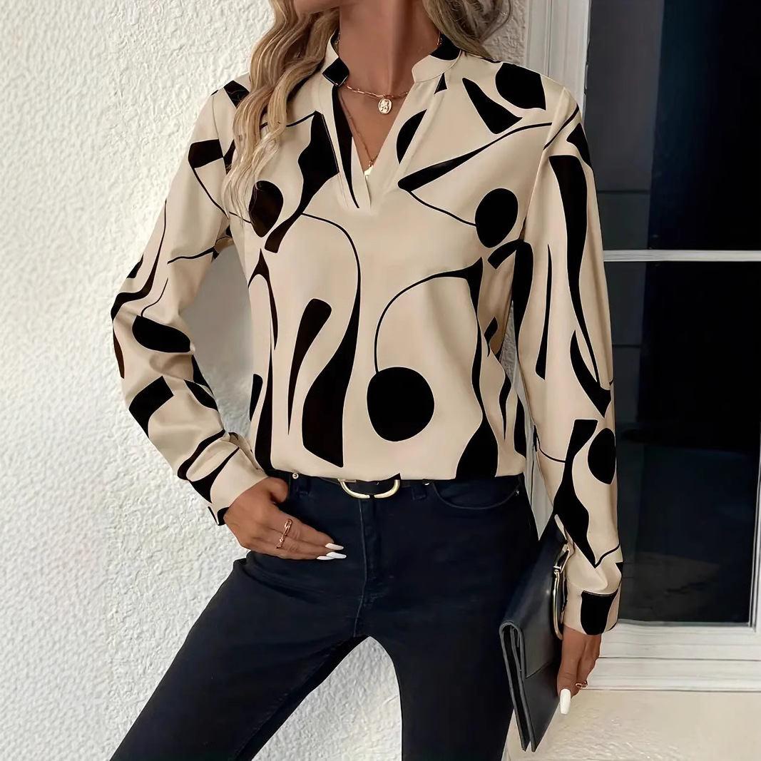 In-stock Amazon, European and American cross-border Wish foreign trade women's printed unsleeved collar shirt casual long-sleeved shirt top - Image 2