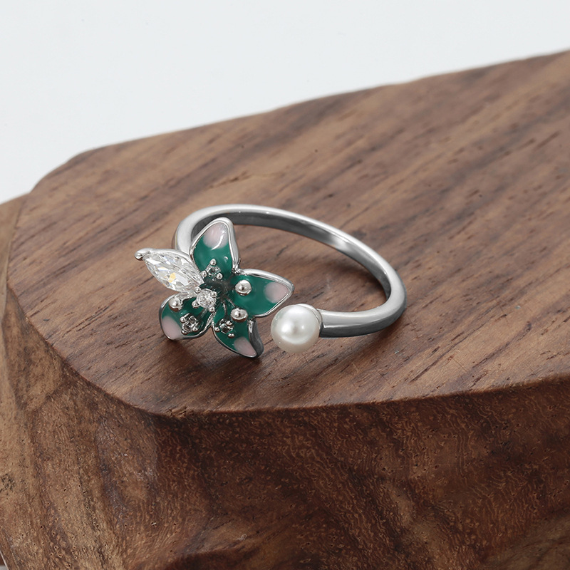 Xuping Oil Drop Series Imitation Pearl Flower Ring, Copper Alloy Plated White, Spring Fresh Style Open Ring Wholesale - Image 2