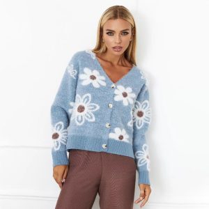 Amazon cross-border European and American short floral knit cardigan, new autumn style, V-neck mink cashmere jacquard sweater, women's coat