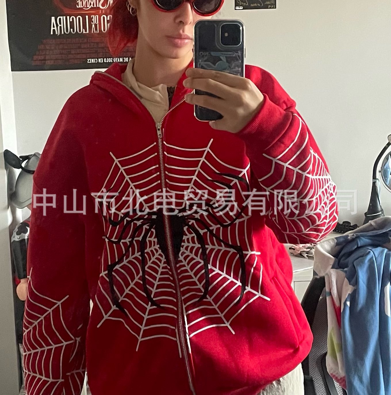 2022 new cross-border European and American INS autumn and winter spider web print street fashion full zipper pullover hooded sweatshirt - Image 6