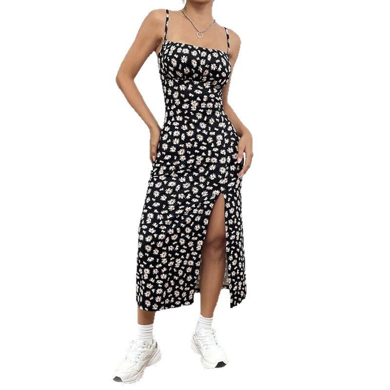2025 New Foreign Trade Amazon Spring/Summer Camisole Strapless Slit Daisy Bodycon Print Midi Dress for Women - Image 5