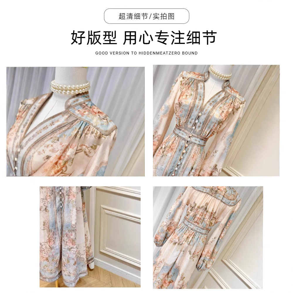Z brand cross-border trade printed stand collar long-sleeved dress for women, puff sleeve waist-cinching cotton and linen vacation dress. - Image 4