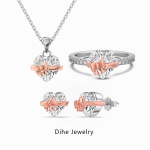Popular European and American style S925 sterling silver necklace, ring, earrings, heart-shaped zircon bow Christmas gift set for women (three pieces)