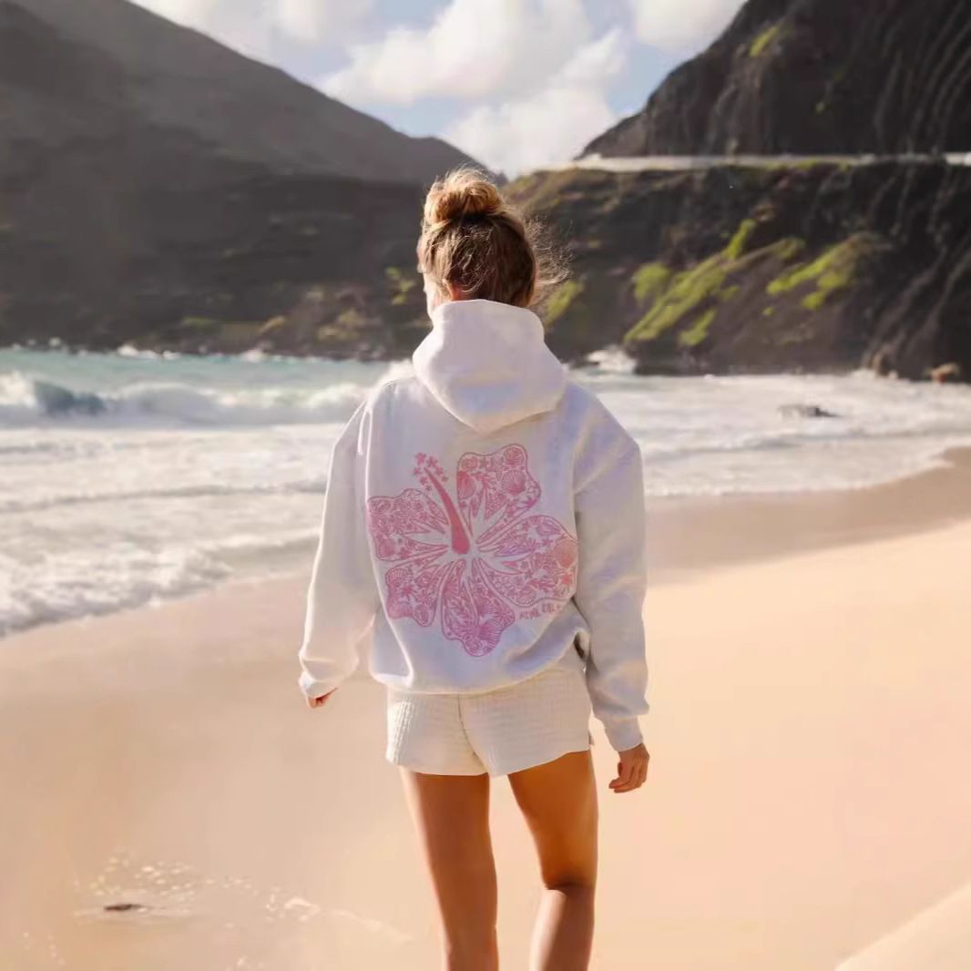 2024 New European Size Women's Drop Shoulder Sleeve Threaded Hawaii Hibiscus Brand Sweatshirt Hoodie Print - Image 4