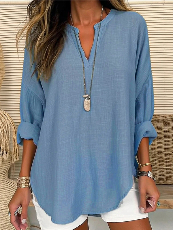 2023 cross-border foreign trade Europe and America hot-selling women's autumn and winter V-neck cotton and linen pure large size shirt - Image 10
