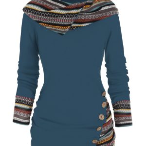 European and American cross-border tribal geometric stripe stitching hooded knitted long-sleeved button top women's casual ethnic style T-shirt