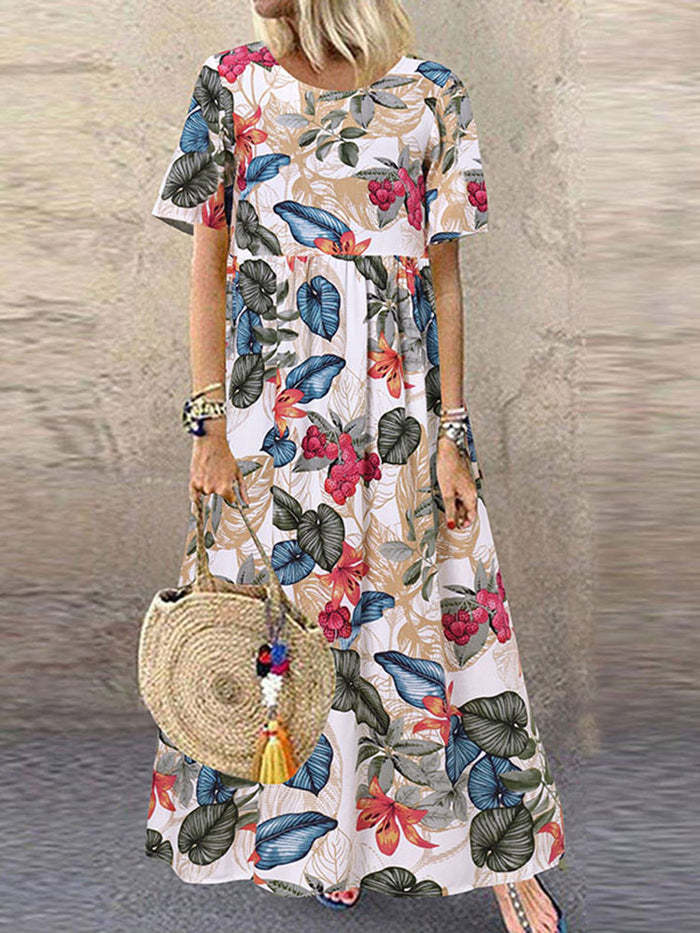 2022 European and American cross-border new long skirt Amazon round neck casual women's retro floral print loose short-sleeved - Image 5