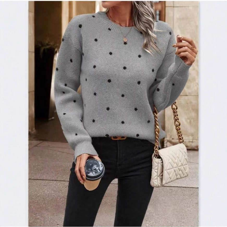 Popular European and American style polka dot knit sweater, sweet round neck long-sleeved top, fashionable and versatile pullover sweater for autumn and winter. - Image 3