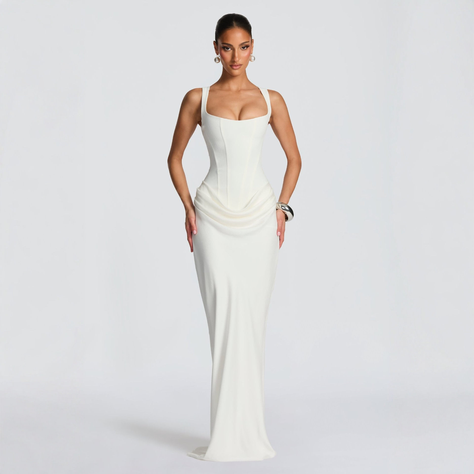 European and American style women's casual long-sleeved slim-fit herringbone pure and sexy suspender long dress slim solid color hip-hugging dress - Image 13