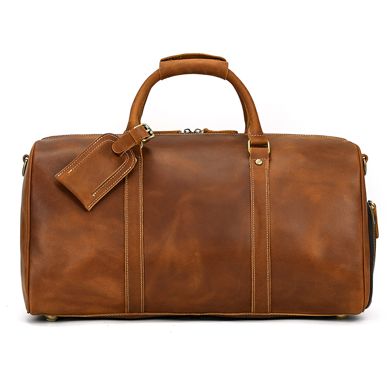 Retro Crazy Horse Leather Travel Bag for Men, Genuine Leather Luggage Bag, 20-inch Large Capacity Handbag with Shoe Compartment, Gym Bag - Image 12