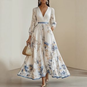 Women's Printed V-Neck Pleated Dress