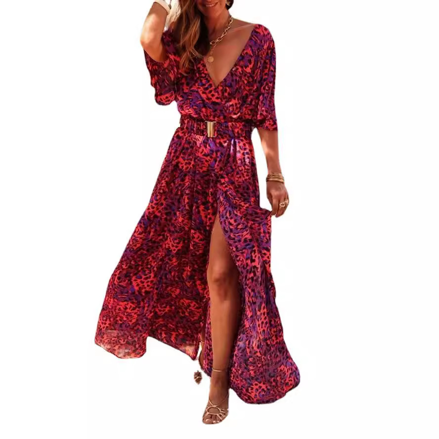 2025 spring and summer new European and American cross-border printed short-sleeved dress slim waist commuting mid-length temperament - Image 5