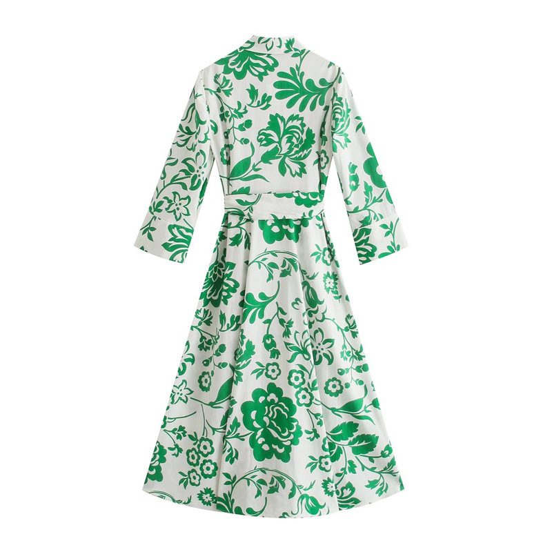 Cross-border foreign trade European and American women's clothing wholesale 2022 summer new shirt dress printed with belt cardigan dress long dress - Image 5