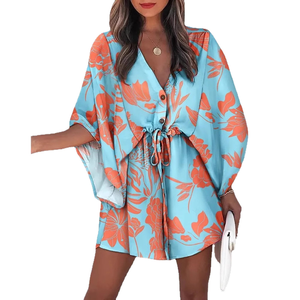 2023 Cross-border European and American Summer Flutter Sleeve A-line Dress Wish Amazon V-neck Tie-up Casual Vacation Short Dress - Image 5