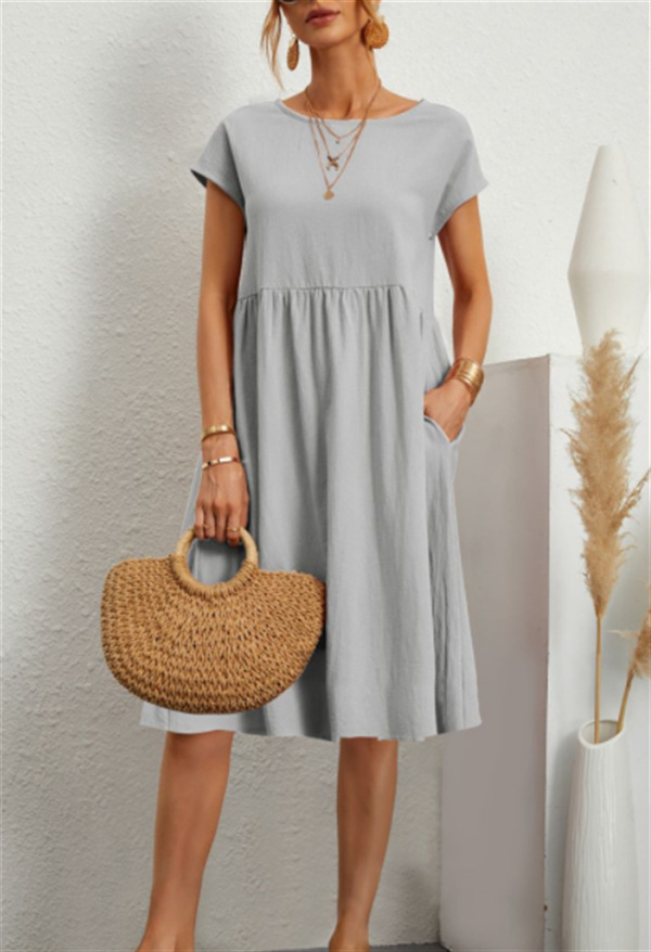 Amazon 2023 summer cross-border supply OL temperament women's cotton round neck A-line skirt dress manufacturer wholesale women - Image 6