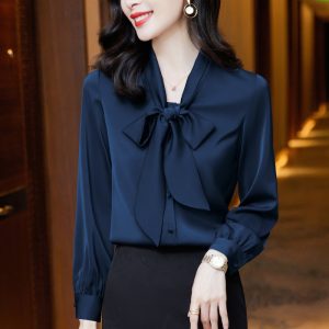 Bow tie single breasted cardigan casual shirt for women spring and autumn temperament solid color long sleeves western-style age-reducing shirt