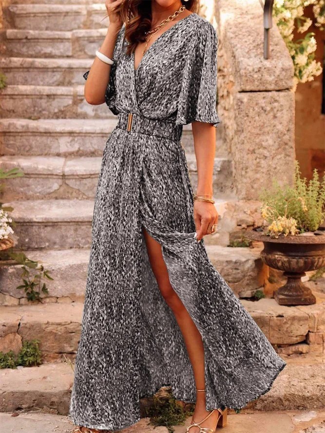 2025 spring and summer new European and American cross-border printed short-sleeved dress slim waist commuting mid-length temperament - Image 7