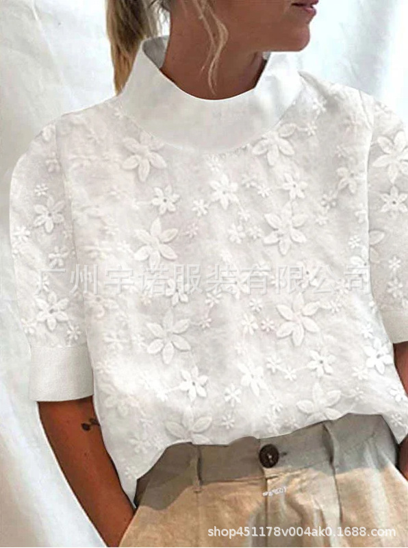 Amazon, Wish, AliExpress 2023 New European and American Style Cotton Linen Embroidered Collar Short-Sleeve Shirt, In Stock - Image 7
