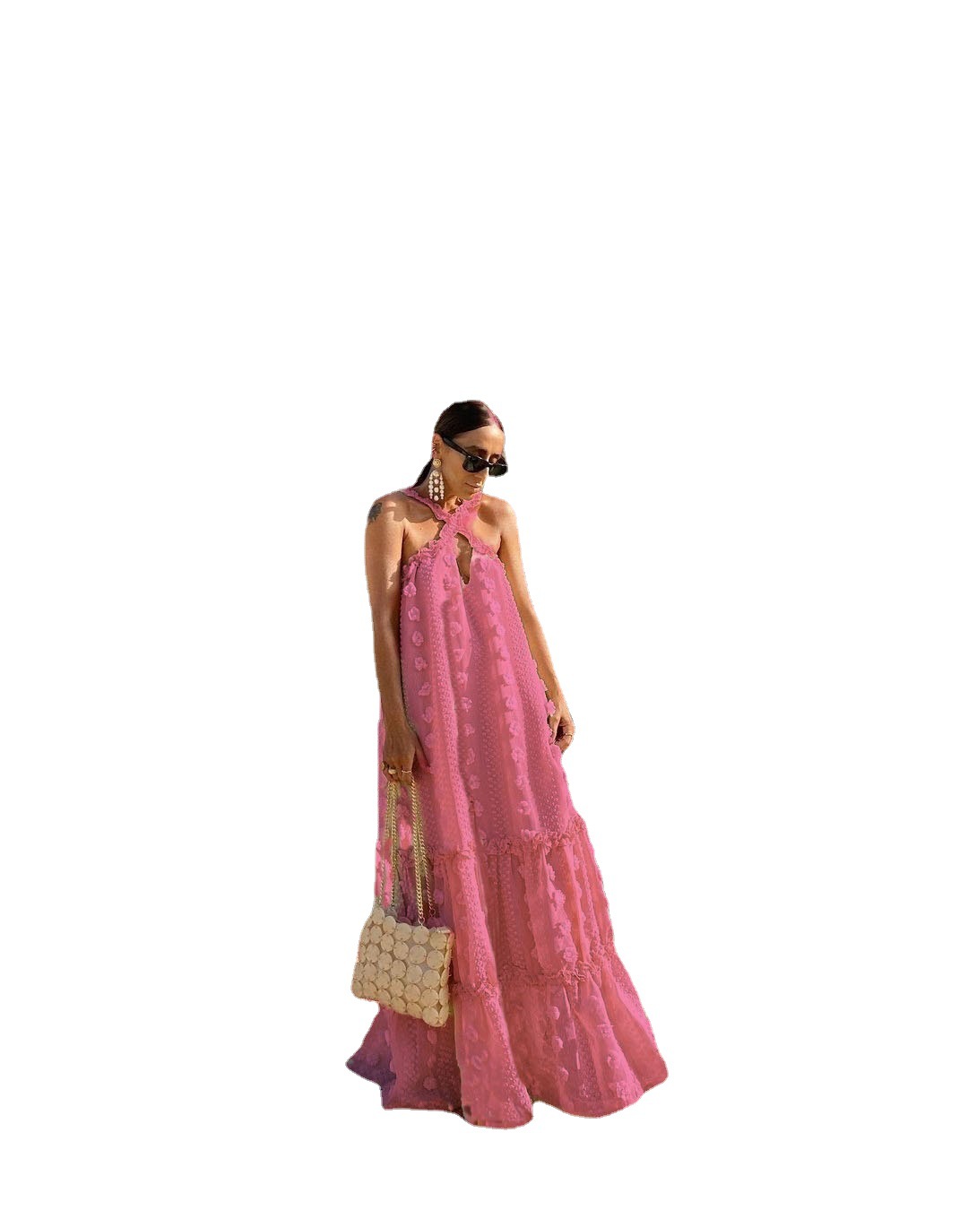 2023 Fashion Halter Three-dimensional Flower Floor-Mopping Cake Dress Cross-border Supply European and American Foreign Trade Lace Long Dress - Image 5