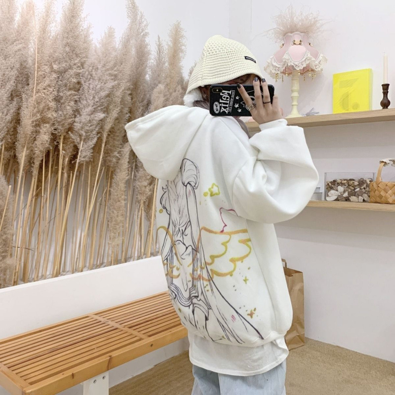 2021 Autumn and Winter Trend ins Harajuku Pink Girl Cartoon Anime Print Loose Plush Hooded Sweatshirt Women - Image 4
