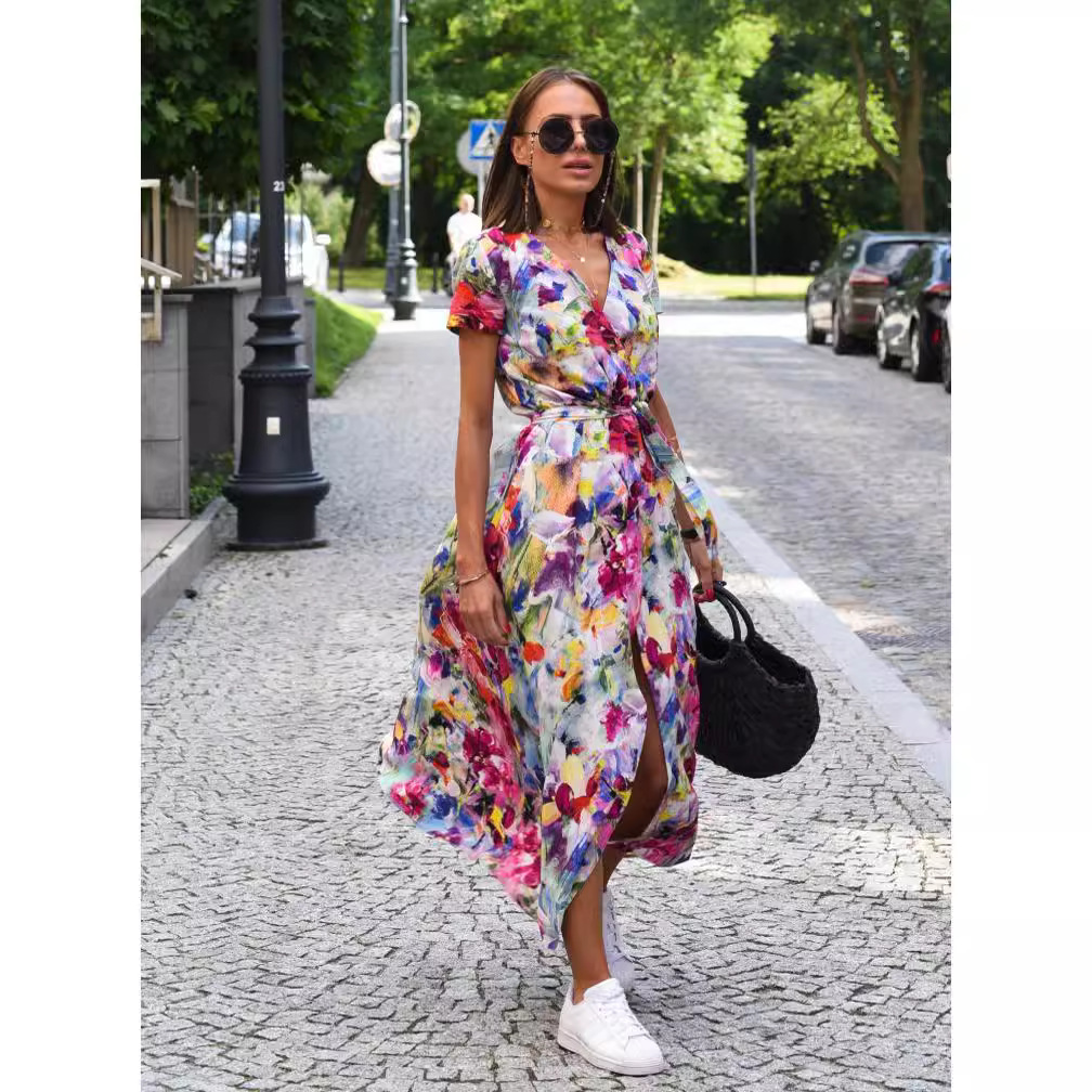 Amazon hot sale new summer European and American printed V-neck short-sleeved lace-up adjustable waist slit long skirt dress - Image 2